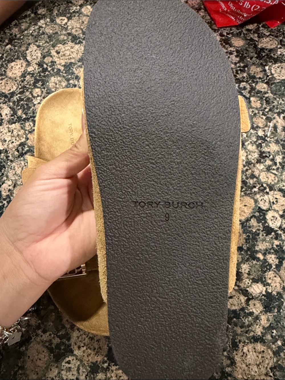 Tory Burch NWOT Suede Double-Strap Slide Sandals — Camel/Tan with Silver Logos - Picture 2 of 2